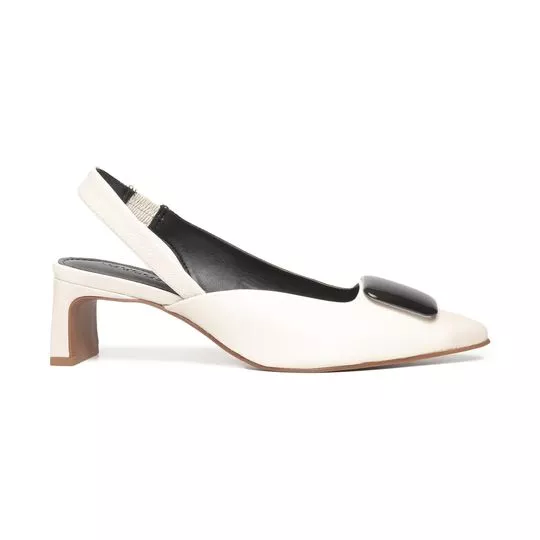 Slingback Em Couro Com Aviamento- Branco & Preto