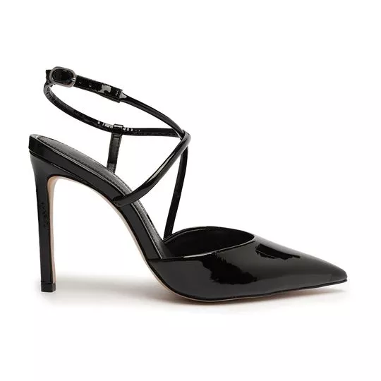 Slingback Em Couro Envernizado- Preto- Salto: 10cm