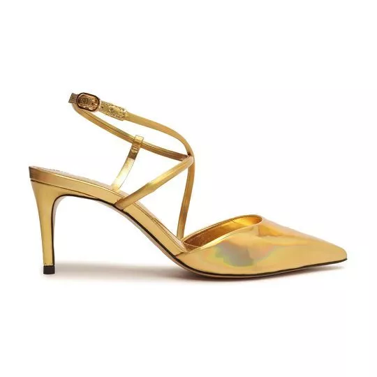 Slingback Em Couro- Dourado- Salto: 7cm