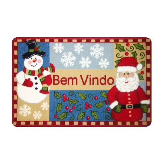 Tapete Natalino Boucle Papai Noel & Boneco De Neve- Bege & Vermelho- 80x50cm- Niazitex