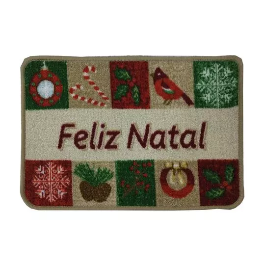 Tapete Natalino Boucle Feliz Natal- Bege Escuro & Verde Escuro- 60x40cm- Niazitex