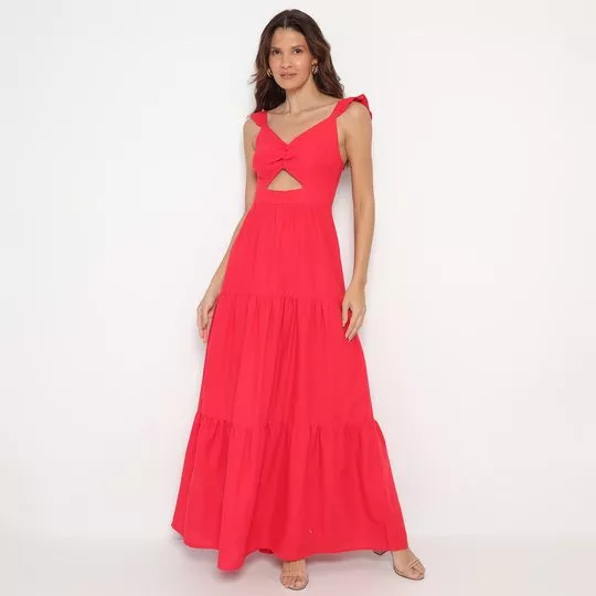 Vestido Longo Com Babados- Vermelho