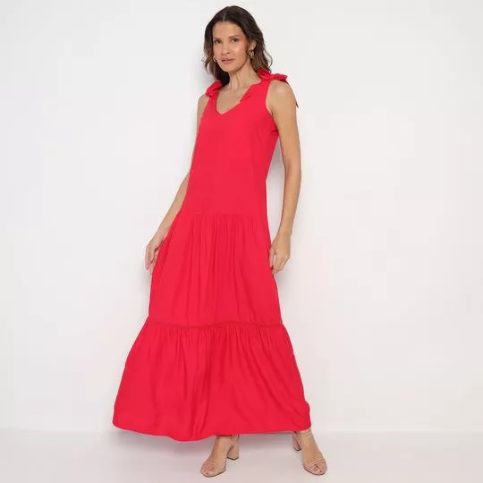 Vestido Longo Com Babados- Vermelho