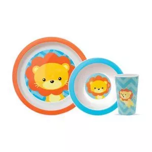 Kit Refeição Animal Fun Leão<BR>- Branco & Laranja Claro<BR>- 3Pçs