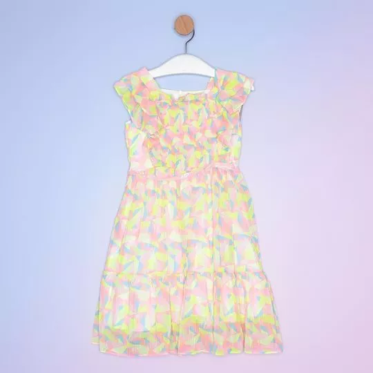 Vestido Em Tule Abstrato- Verde Limão & Rosa Claro- PETIT CHERIE