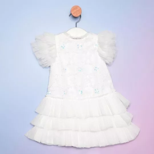 Vestido Em Tule Com Bordados- Branco - PETIT CHERIE