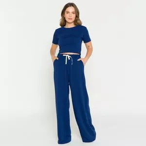 Conjunto De Cropped & Calça Pantalona Com Recortes<BR>- Azul Marinho