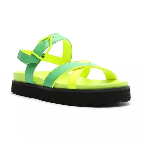 Sandália Rasteira Com Recortes- Verde & Amarelo Neon- Schutz