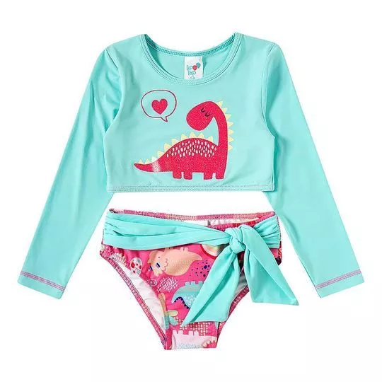 Conjunto De Cropped & Calcinha Dinossauro- Verde Água & Pink