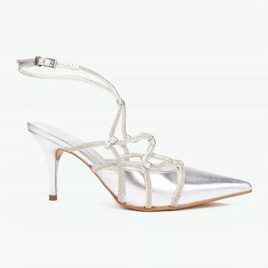 Slingback Com Strass- Prateado- Salto: 8cm- Lança Perfume