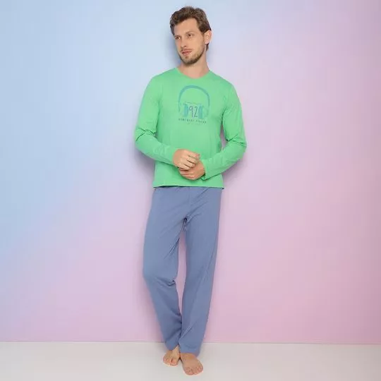 Pijama Manga Longa & Calça- Verde & Azul