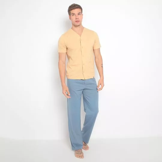 Conjunto De Camisa Manga Curta Decote V & Calça- Laranja Claro & Azul