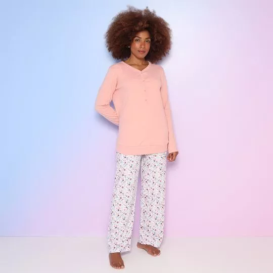 Pijama Manga Longa & Calça Floral- Rosa Claro & Branco