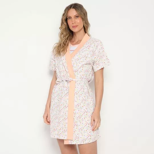 Robe Com Estampa Corrida- Branco & Laranja Claro