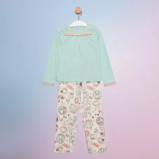 Pijama Infantil Manga Longa & Calça- Verde Água & Creme