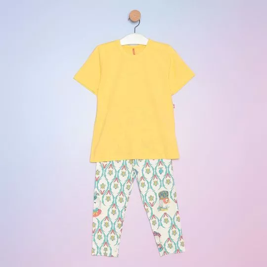 Pijama Blusa Manga Curta & Corsário- Amarelo & Branco