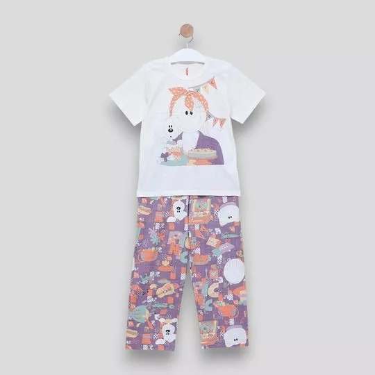 Conjunto De Camisete Manga Curta & Calça Em Algodão- Branco & Roxo