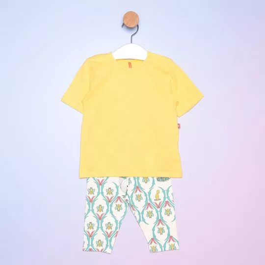 Pijama Blusa Manga Curta & Corsário- Amarelo & Branco