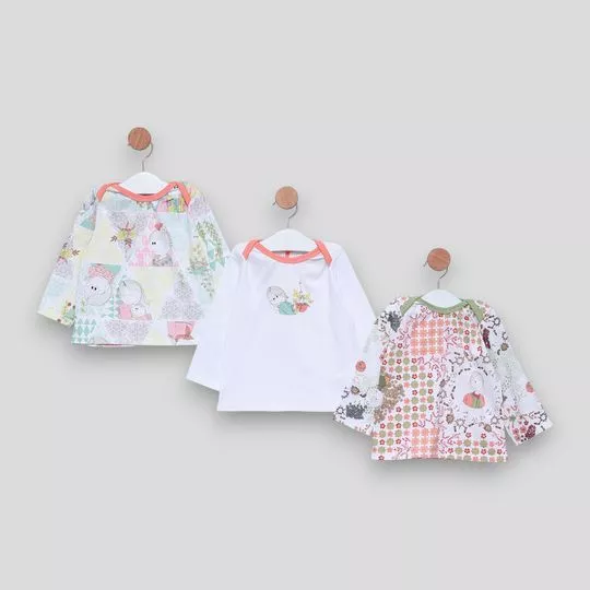 Kit De Pagãos Manga Longa Em Algodão- Branco & Rosa- 3Pçs