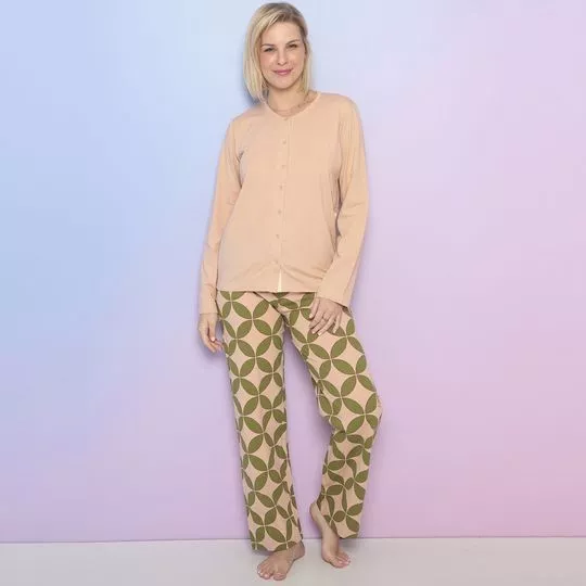 Pijama Manga Longa Aberto & Calça- Rosa Claro & Verde