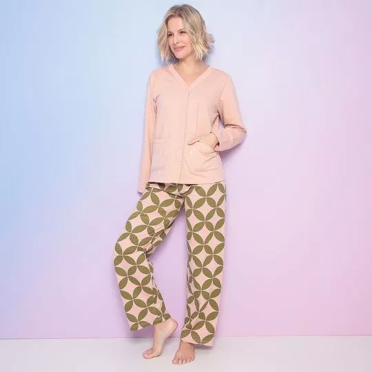 Pijama Manga Longa Aberta & Calça- Rosa Claro & Verde Militar