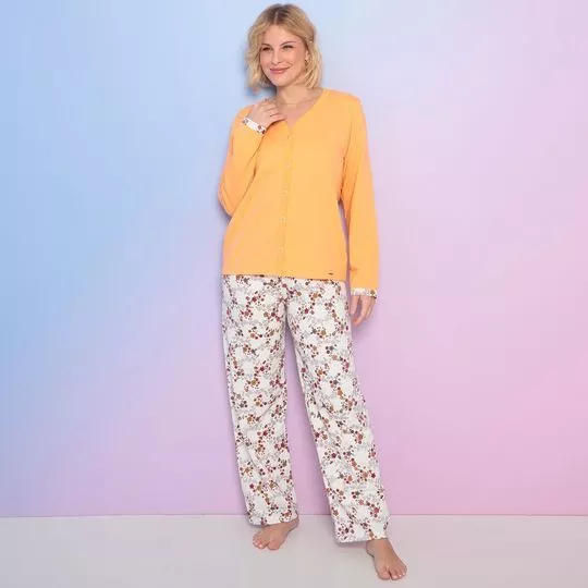 Pijama Manga Longa Aberto & Calça- Amarelo & Creme