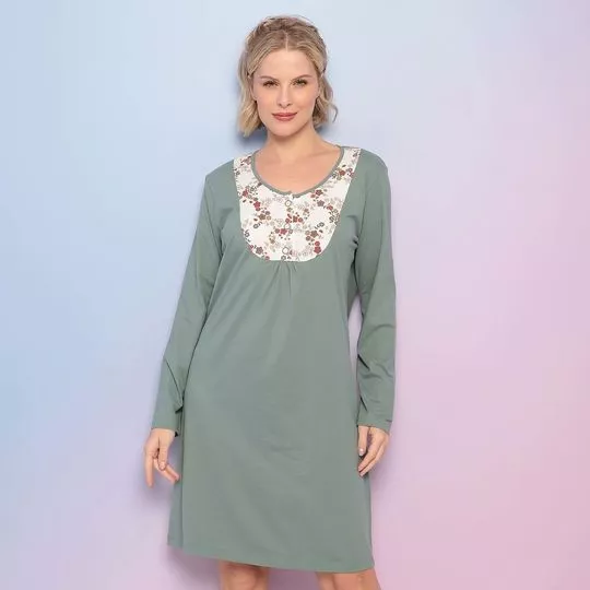 Camisola Manga Longa Com Abertura- Verde Escuro & Creme