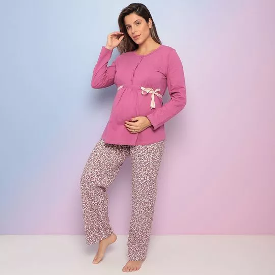 Pijama Manga Longa Com Abertura & Calça- Pink & Branco