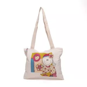 Bolsa Shopper Com Recortes<BR>- Creme & Rosa<BR>- 25,50x34cm