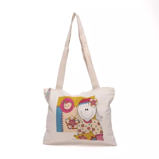 Bolsa Shopper Com Recortes- Creme & Rosa- 25,50x34cm