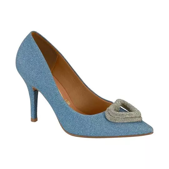 Scarpin Jeans Com Coração- Azul Claro & Prateado- Salto: 9cm- Vizzano