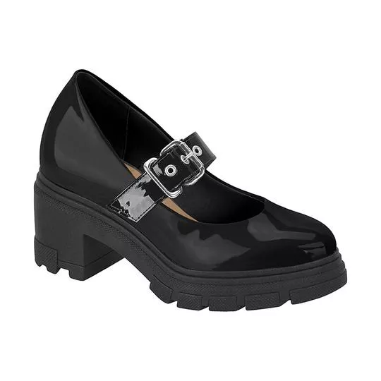 Sapato Com Fivela- Preto- Salto: 7cm- Moleca