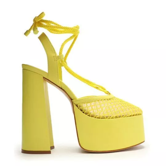 Slingback Meia Pata Com Tiras- Amarelo- Salto: 14cm