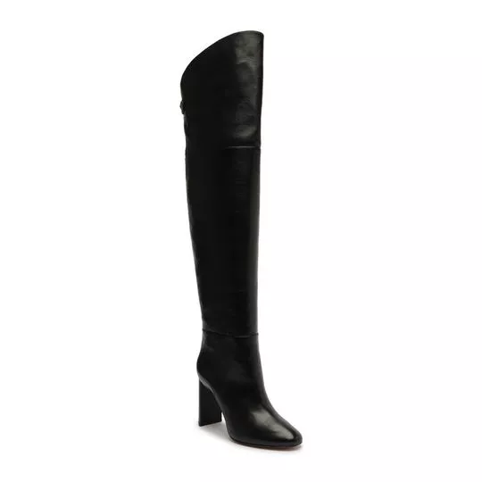 Bota Over The Knee Em Couro- Preta- Salto: 9cm