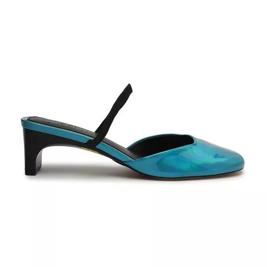 Mule Em Couro- Azul & Preto- Salto: 5cm