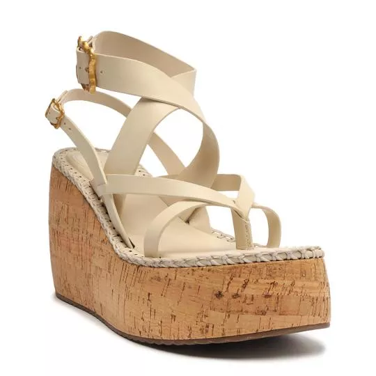 Sandália Plataforma Em Couro- Off White- Salto: 11cm