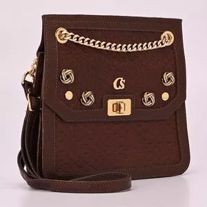 Bolsa Transversal Animal Em Couro<BR>- Marrom Escuro & Dourada