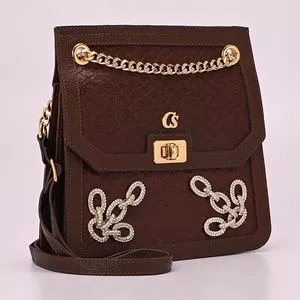 Bolsa Transversal Animal Em Couro<BR>- Marrom Escuro & Dourada