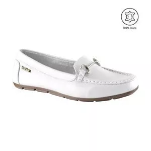 Mocassim Em Couro<BR>- Branco & Prateado