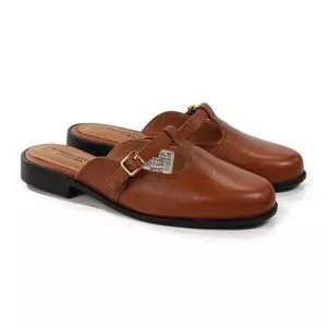 Mule Em Couro Com Tira & Fivela<BR>- Marrom Claro