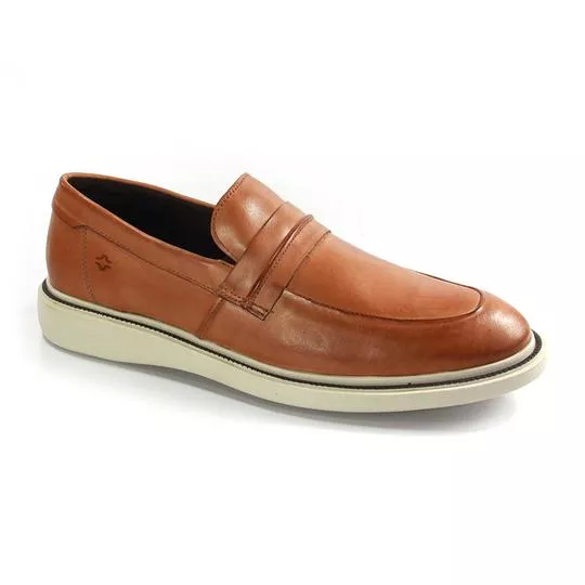 Loafer Em Couro Com Pesponto - Marrom Claro