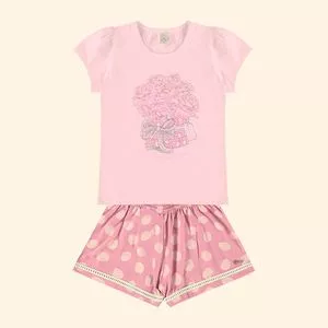 Conjunto De Blusa & Short Com Franzidos<BR>- Rosa