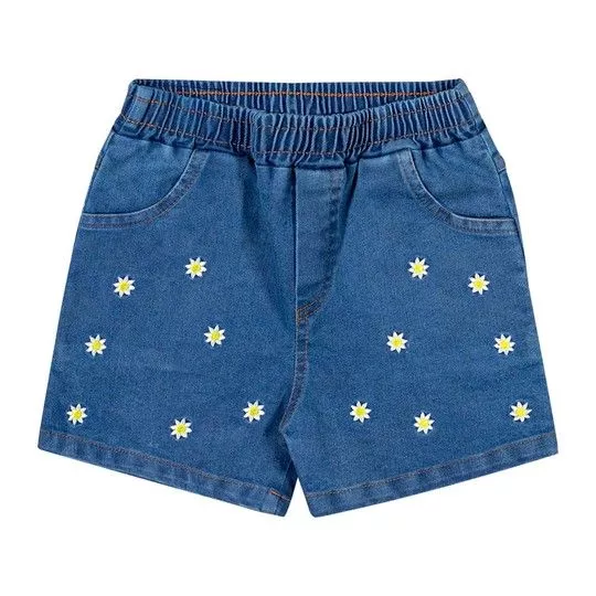 Short Jeans Com Flores- Azul Escuro- Glinny