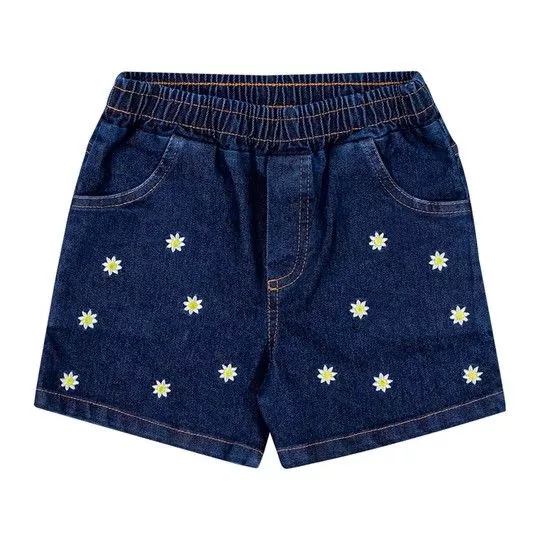 Short Jeans Com Flores- Azul Escuro- Glinny