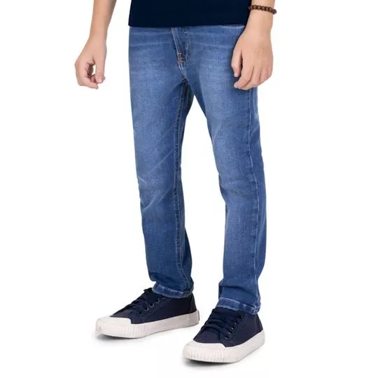 Calça Jeans Reta Com Recortes- Azul