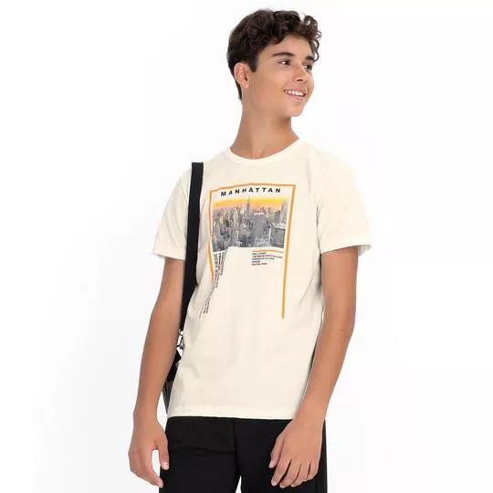 Camiseta Com Inscrições- Off White & Laranja- Minty