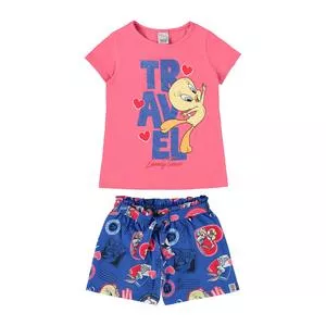 Conjunto De Blusa & Short Com Amarração<BR>- Pink & Azul Escuro<BR>- Malwee Kids