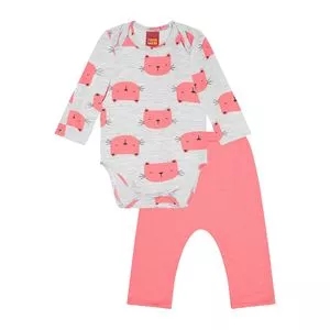 Conjunto De Body Gatinhos & Legging Com Recortes<BR>- Cinza & Salmão