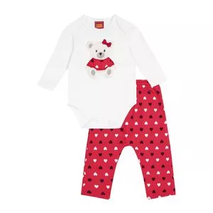 Conjunto De Body Com Aplicação & Calça Corações<BR>- Branco & Vermelho