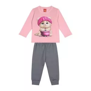 Conjunto De Blusa Gatinho & Calça Jogger<BR>- Rosa Claro & Cinza